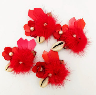 Hand Embroidered Red Applique With Cowrie Shell, Sequins,Pearl and Feather Pom Pom